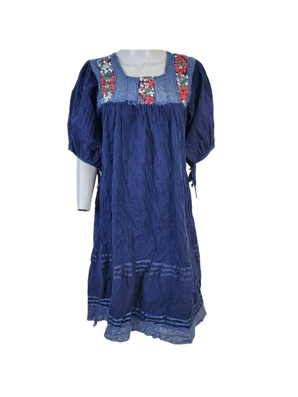 Vintage 70s Midi Dress Women Medium Embroidered Floral Bohemian Peasant 10 Blue